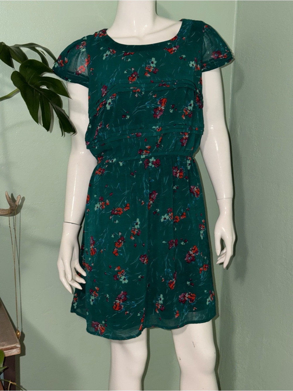 Teal Floral Flutter Sleeve A-Line Dress